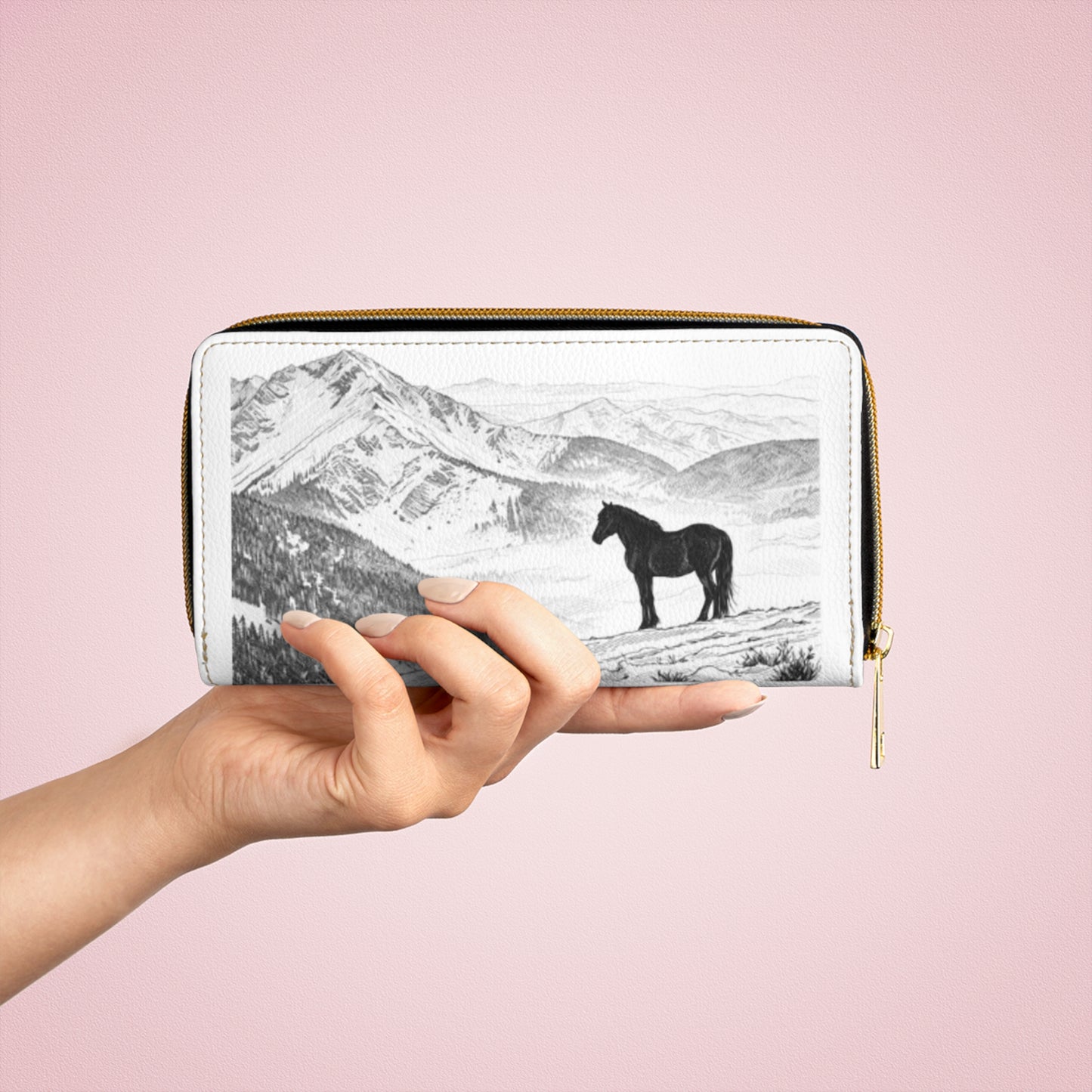 Horse Scene Zipper Wallet — Rustic Black & White Western Wallet