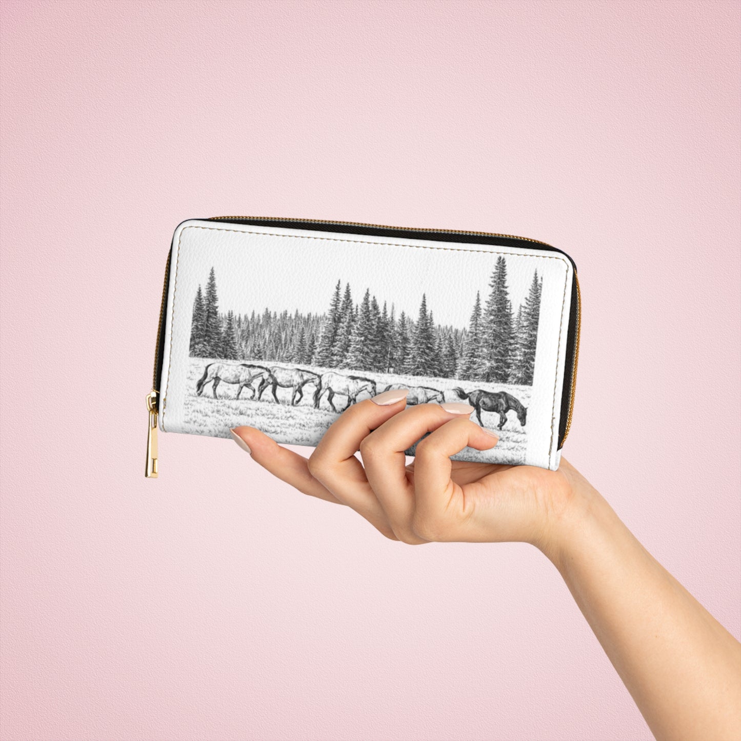 Horse Scene Zipper Wallet — Rustic Black & White Western Wallet