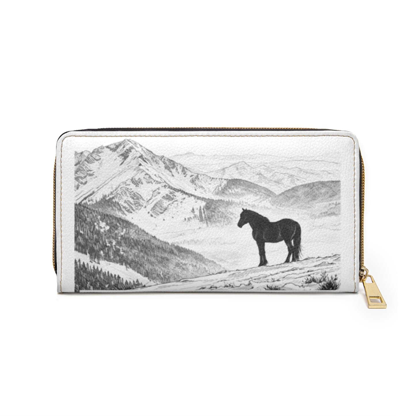 Horse Scene Zipper Wallet — Rustic Black & White Western Wallet