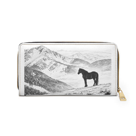 Horse Scene Zipper Wallet — Rustic Black & White Western Wallet