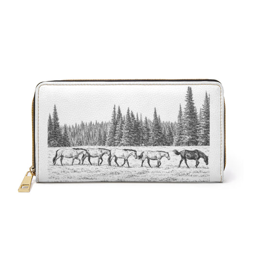 Horse Scene Zipper Wallet — Rustic Black & White Western Wallet